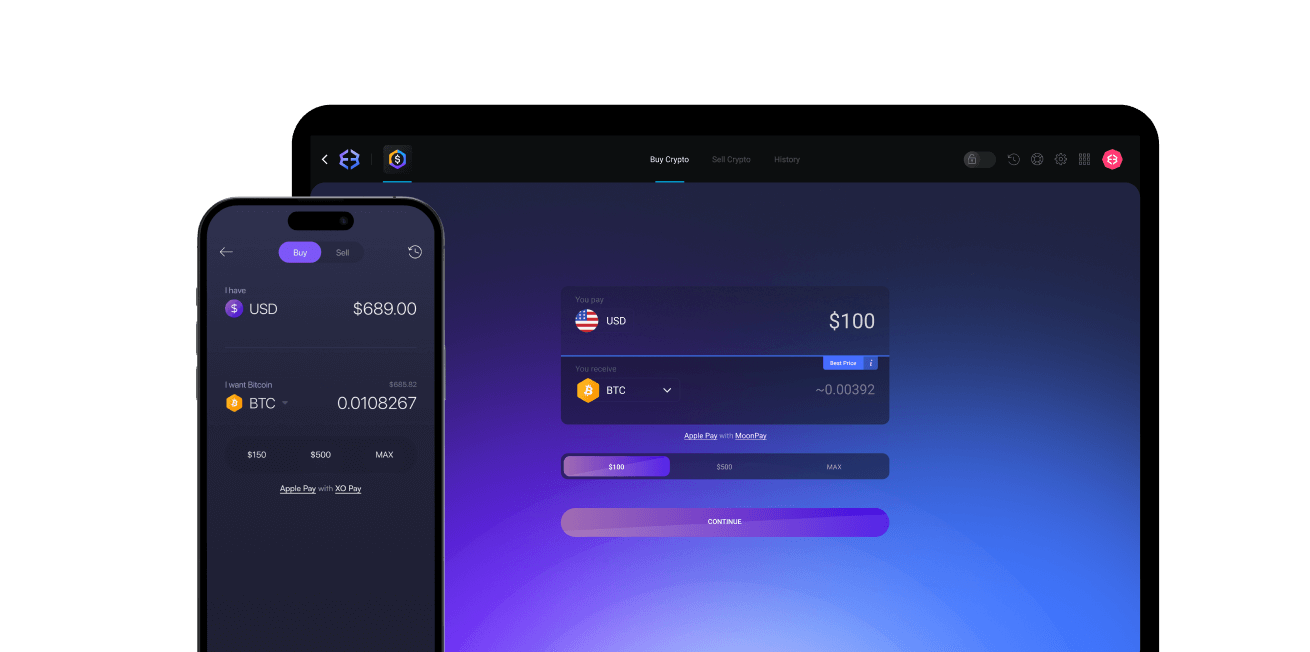 On ramp to 25+ cryptocurrencies using your credit/debit card, bank account or Apple Pay within Exodus mobile